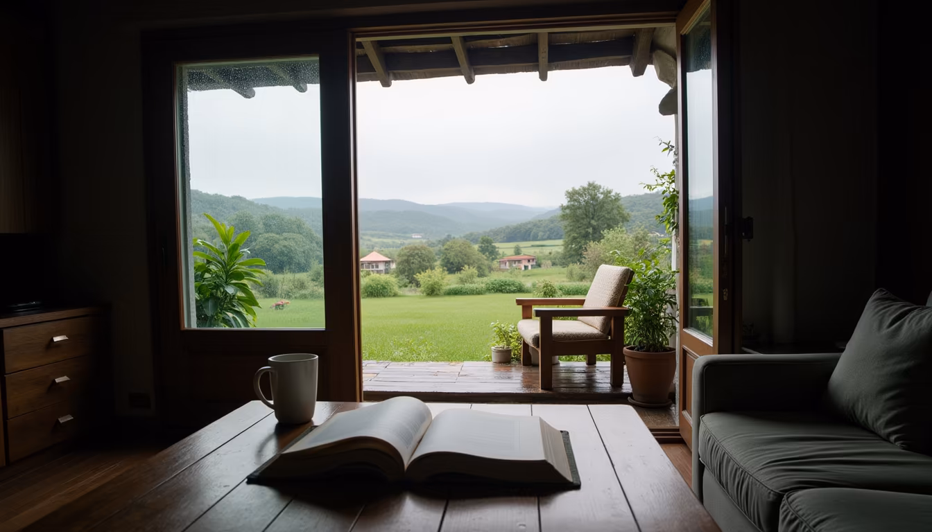 Covered rural terrace overlooking wet green fields, a comfy green-season base in Pai in September (illustration)