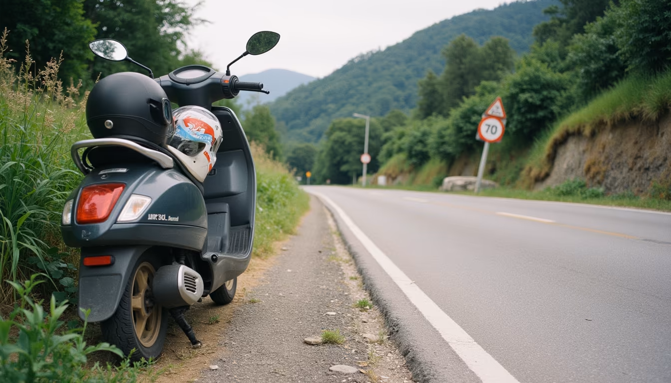 Parked scooter with helmet on a quiet rural road showing Pai motorbike loop safety habits (illustration)