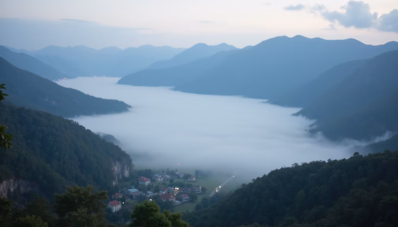 Sea of fog over the valley from a balcony at a pai mountain view hotel (illustration)