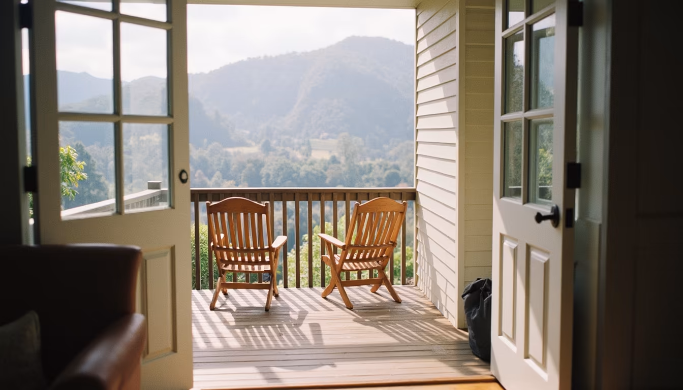 East-facing deck angled at the valley at a pai mountain view hotel (illustration)