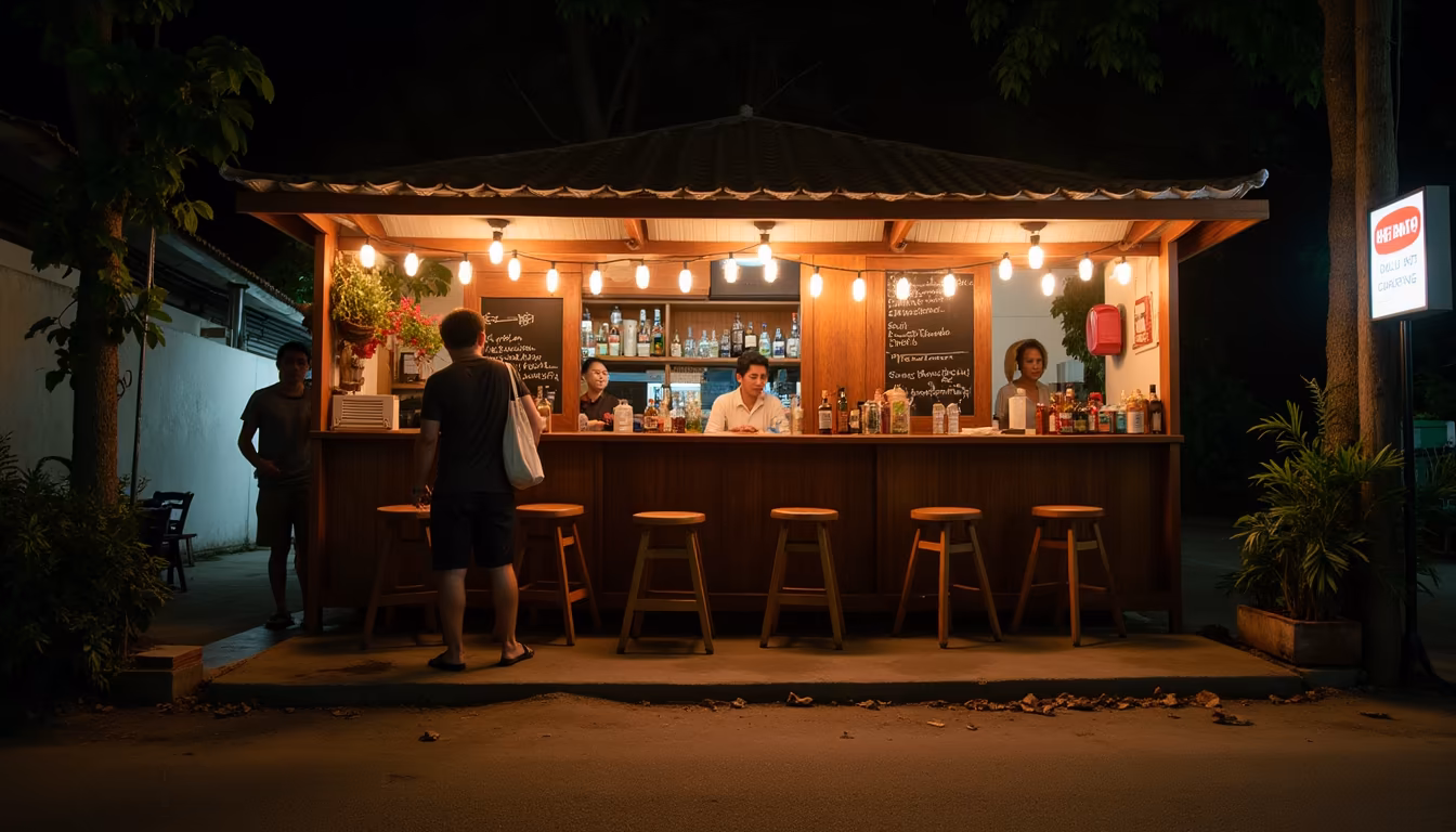 Small low-key street bar at night showing easygoing Pai nightlife (illustration)