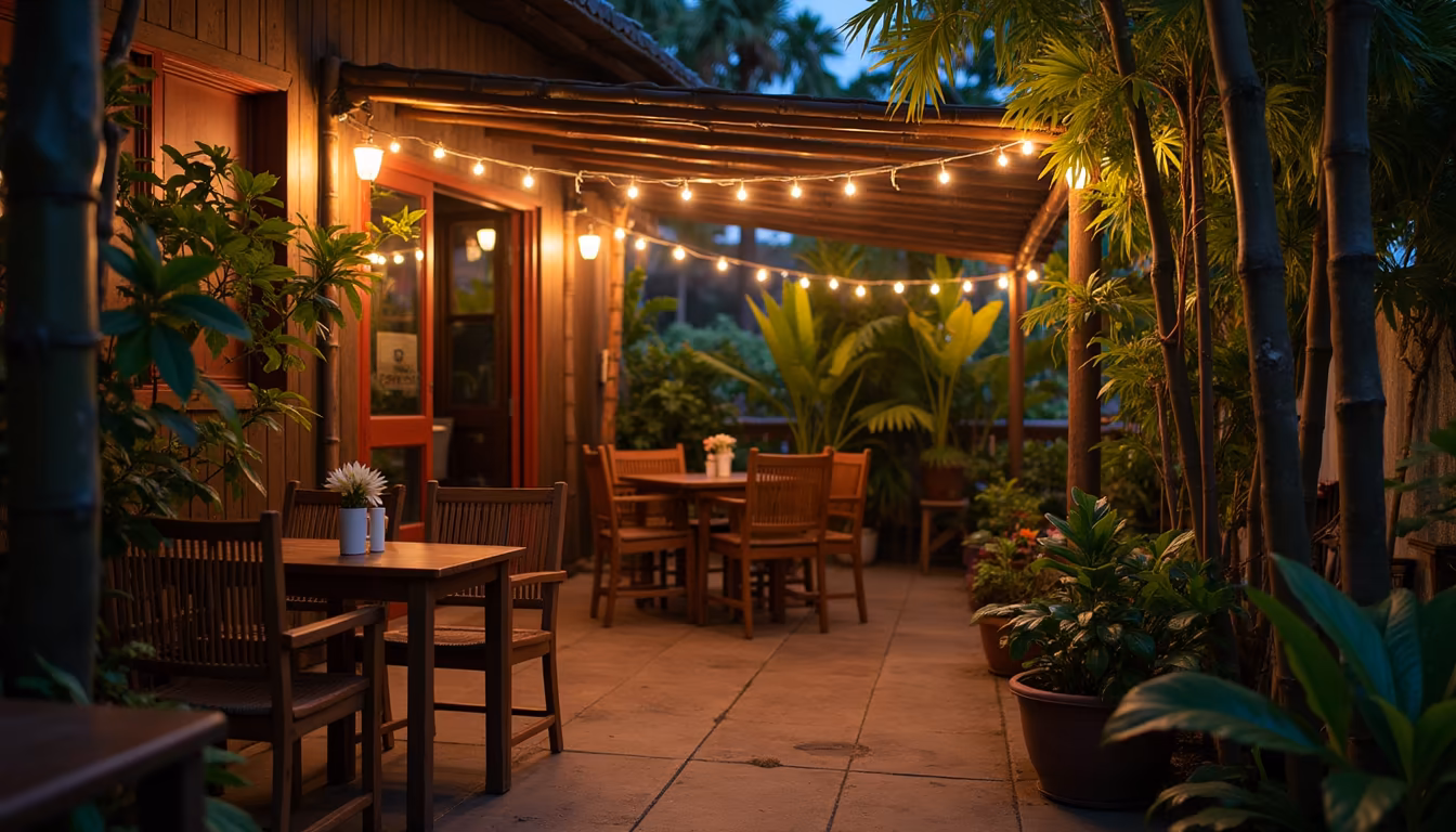 Drinks on a wooden table at dusk reflecting the early rhythm of Pai nightlife (illustration)