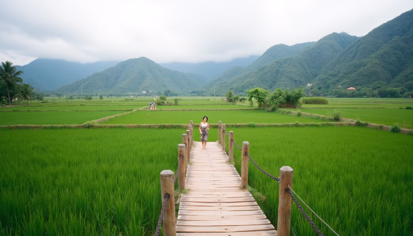 the spot bamboo bridge over Pai rice fields, a favourite pai photography spot (illustration)