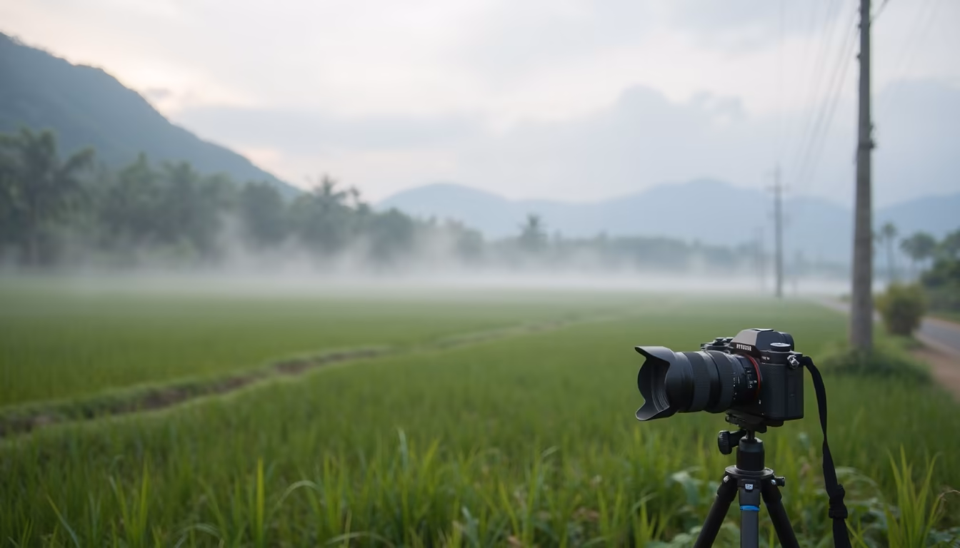 Camera on a tripod at a misty rice-field edge planning pai photography spots (illustration)