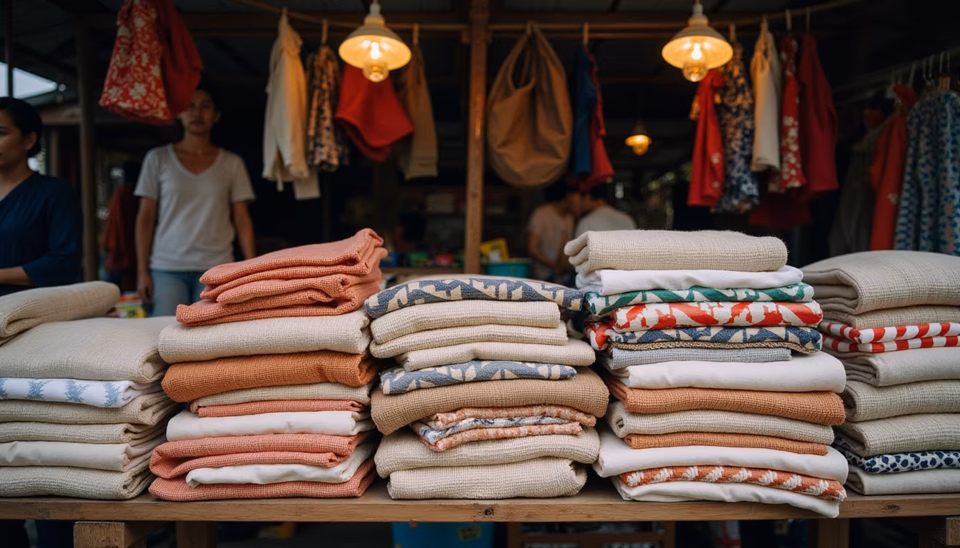 Assorted souvenirs and crafts on a market table while pai shopping (illustration)