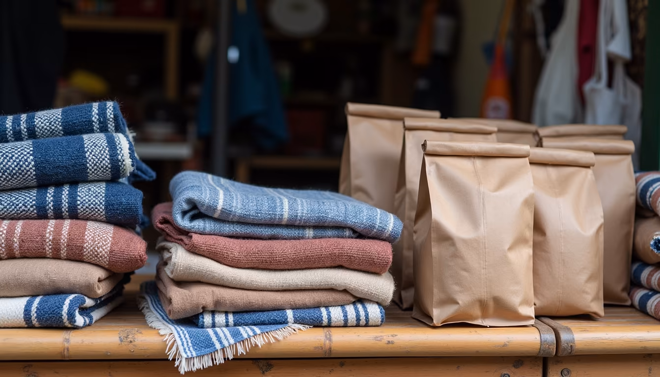 Handwoven textiles and local coffee bags on a craft stall while pai shopping (illustration)