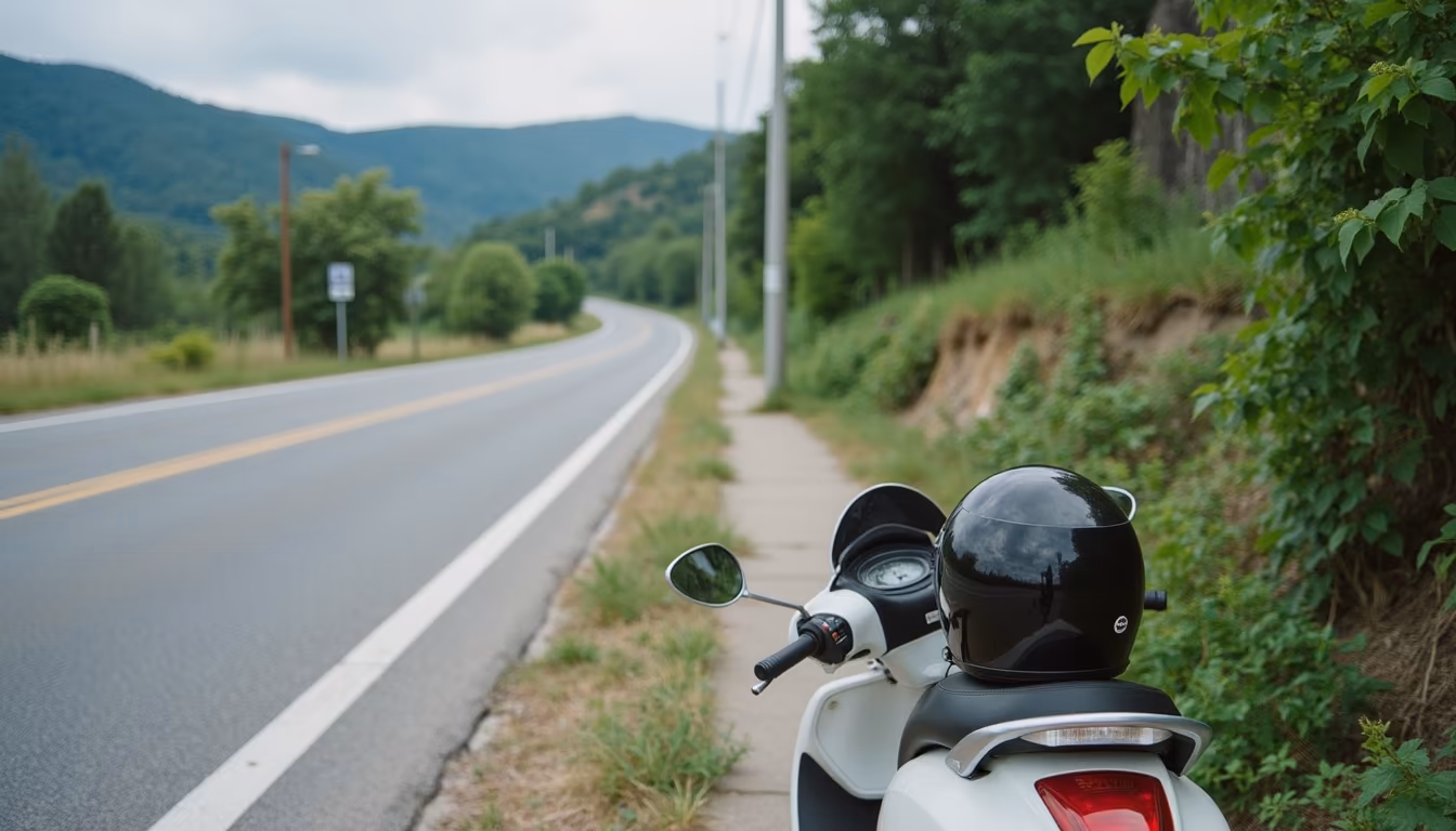 Parked scooter with helmet on a quiet rural road illustrating staying safe doing things to do in Pai (illustration)