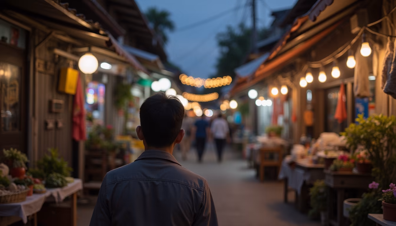 Pai Walking Street night market lined with food vendors, the heart of Pai street food (illustration)