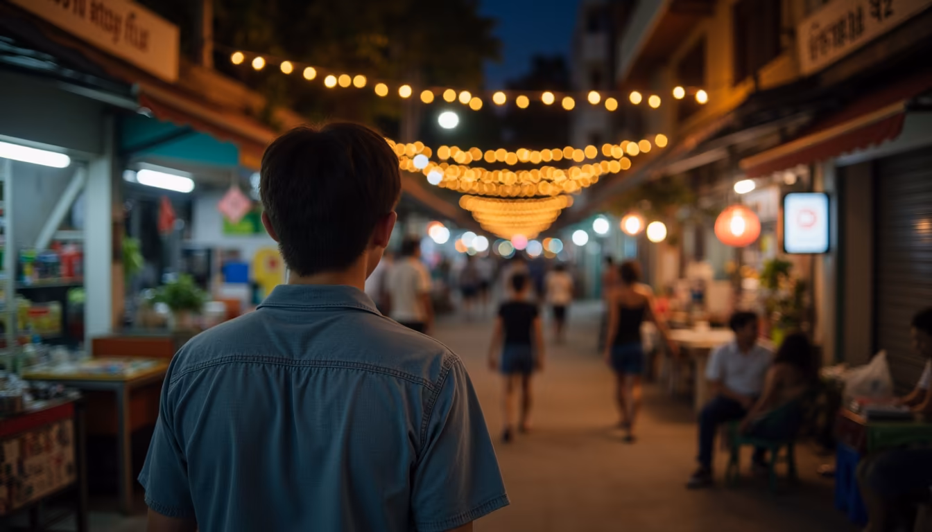 Crowd browsing food stalls along Walking Street in Pai, prime spot for Pai street food at night (illustration)