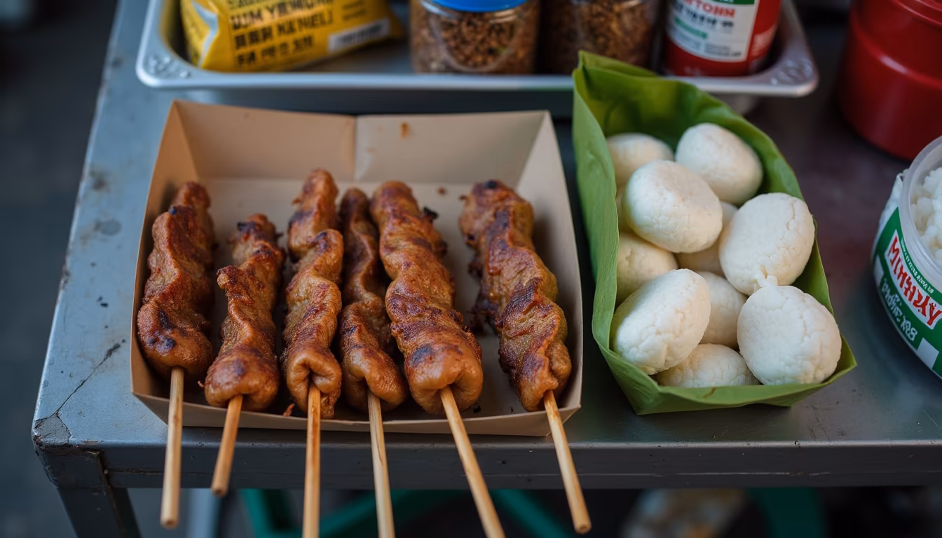 Tray of grilled skewers and sticky rice from a night market, typical Pai street food (illustration)