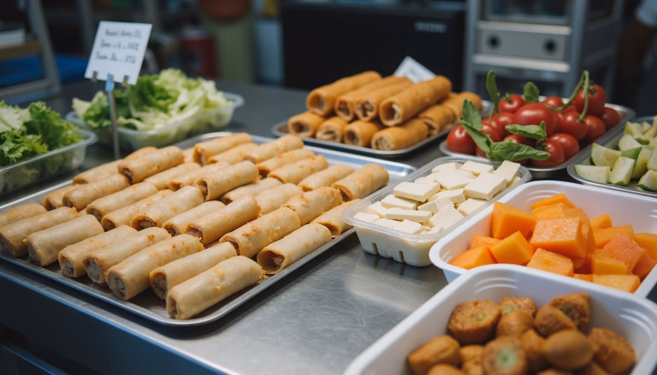 Market stall display of spring rolls, fried vegetables and cut fruit for vegan Pai street food (illustration)