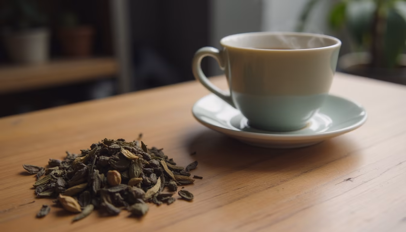 Highland tea and dried leaves on a wooden table on a Pai to Ban Rak Thai day trip (illustration)