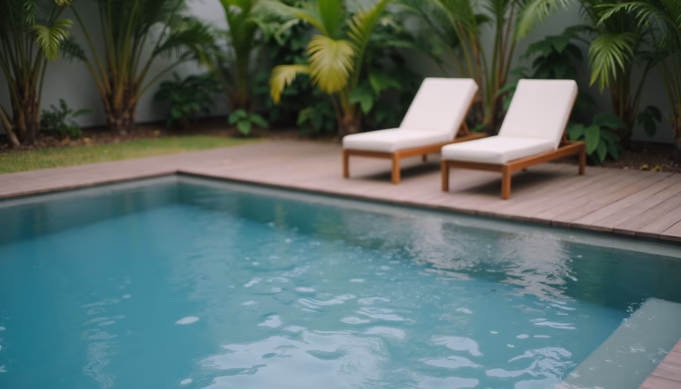 Private villa pool and timber deck with garden, pai villa private pool stay (illustration)