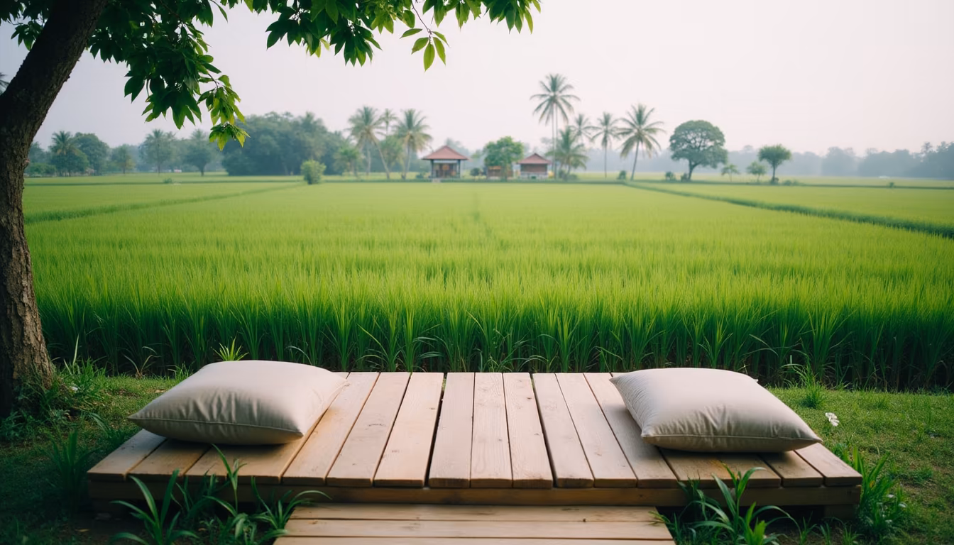 Wooden villa bungalow beside green rice fields with a deck, pai villa rice-field stay (illustration)