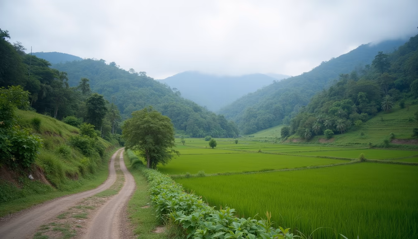 Quiet green valley and forested ridges weighing pai vs chiang mai for a trip (illustration)