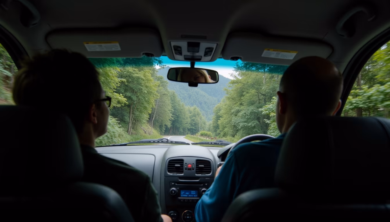 Point-of-view minivan ride on a mountain road for a do-both pai vs chiang mai itinerary (illustration)