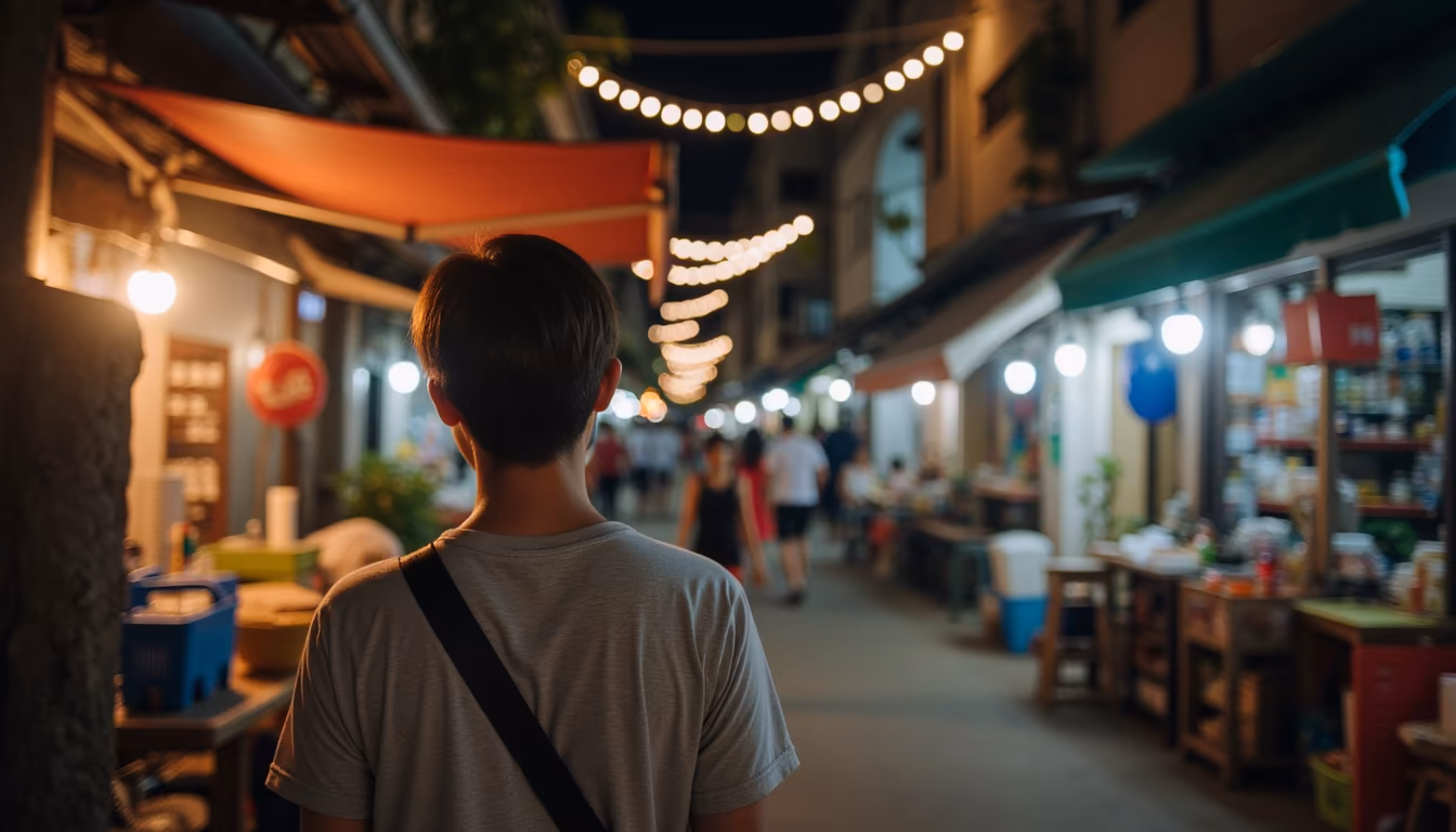 Pai Walking Street night market with food stalls and crowds along the central pedestrian lane (illustration)