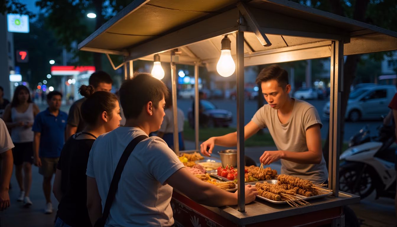 Busy street-food cart with a short queue avoiding common Pai walking street mistakes (illustration)