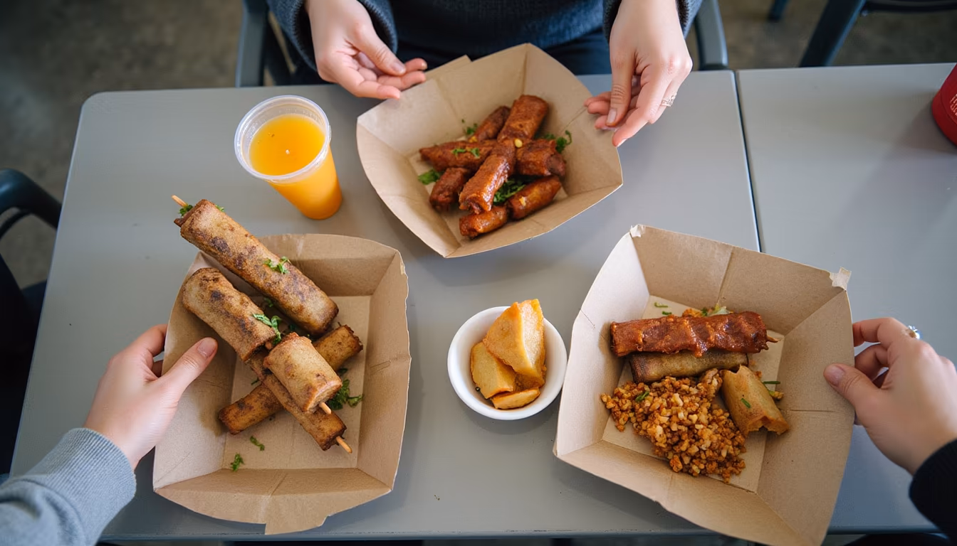 Small shared street-food portions for a Pai walking street grazing food plan (illustration)