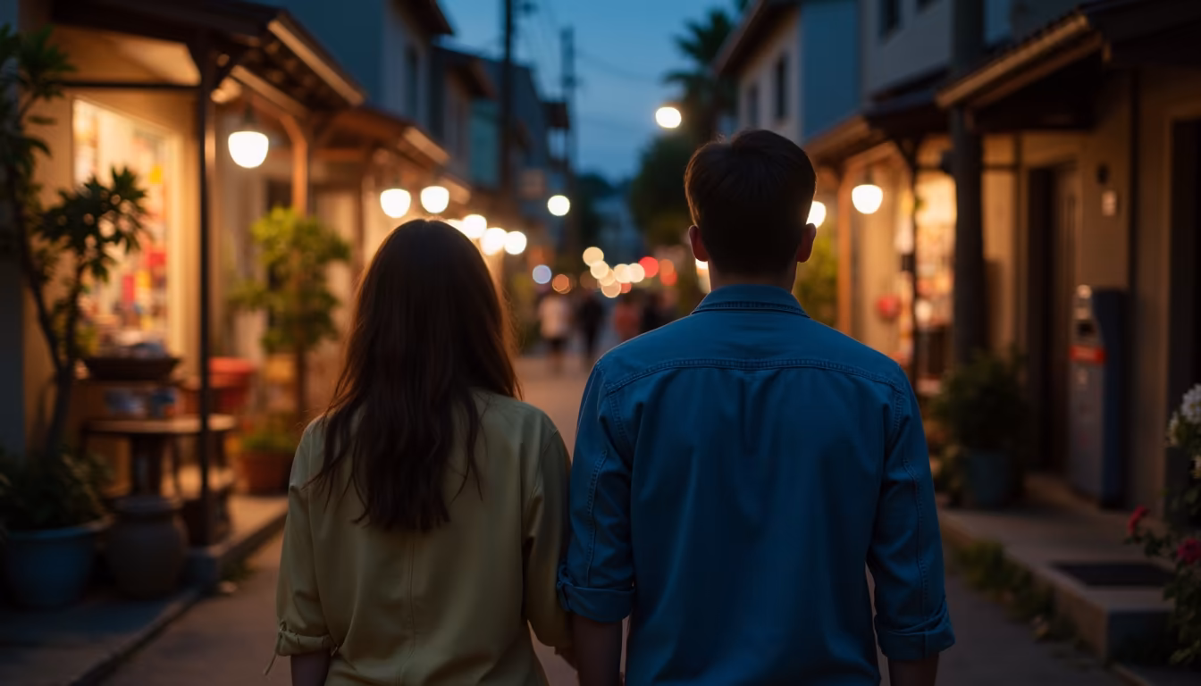 Couple walking home through a quiet lane after the Pai walking street night market (illustration)