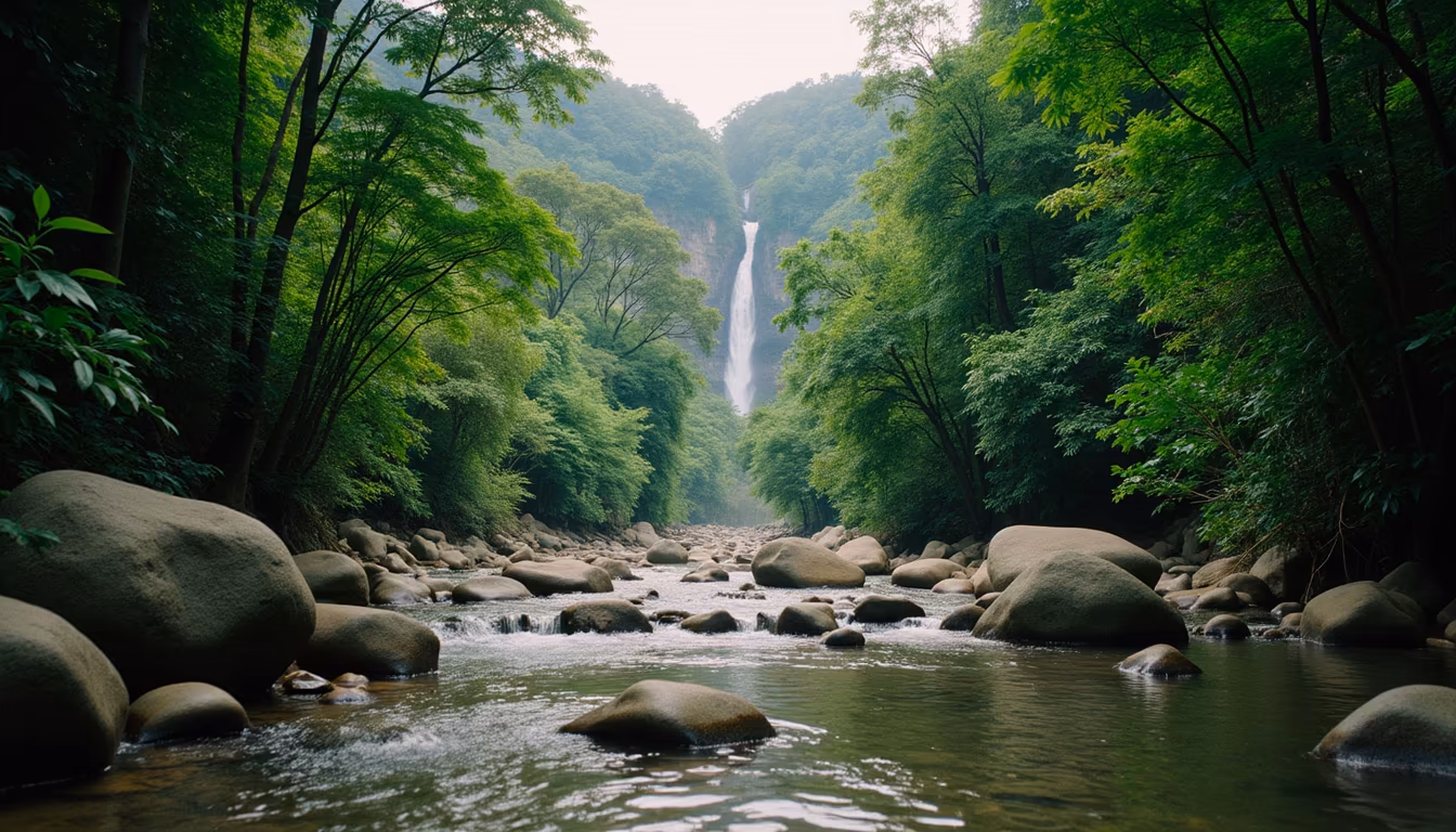 Jungle river-valley trail toward a cascade, pai waterfalls hike (illustration)