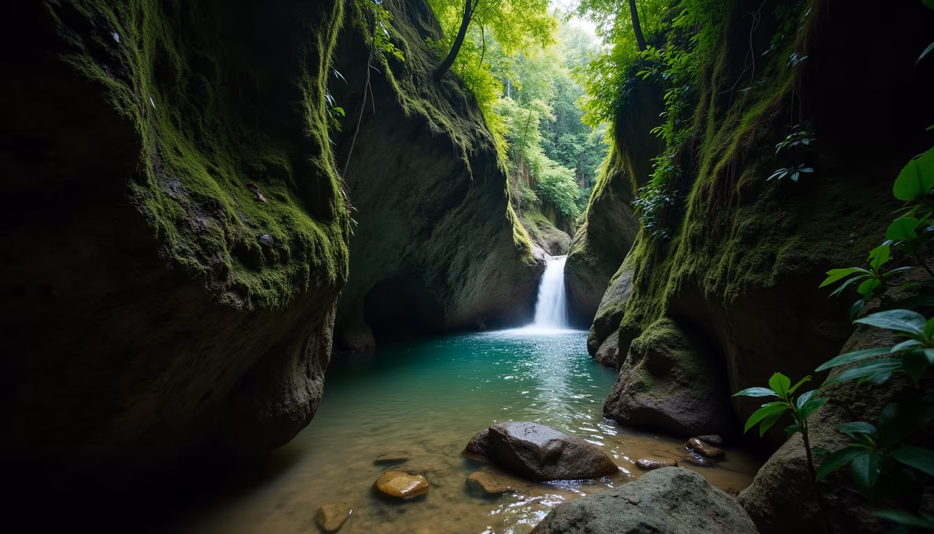 Shaded rocky gorge pool with a small waterfall, pai waterfalls (illustration)