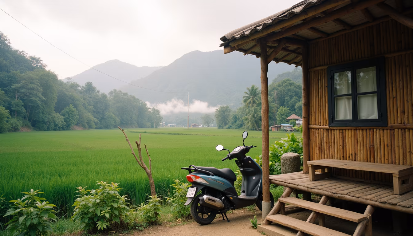 Quiet valley guesthouse with scooter and misty hills, a central base near the Pai waterfalls (illustration)