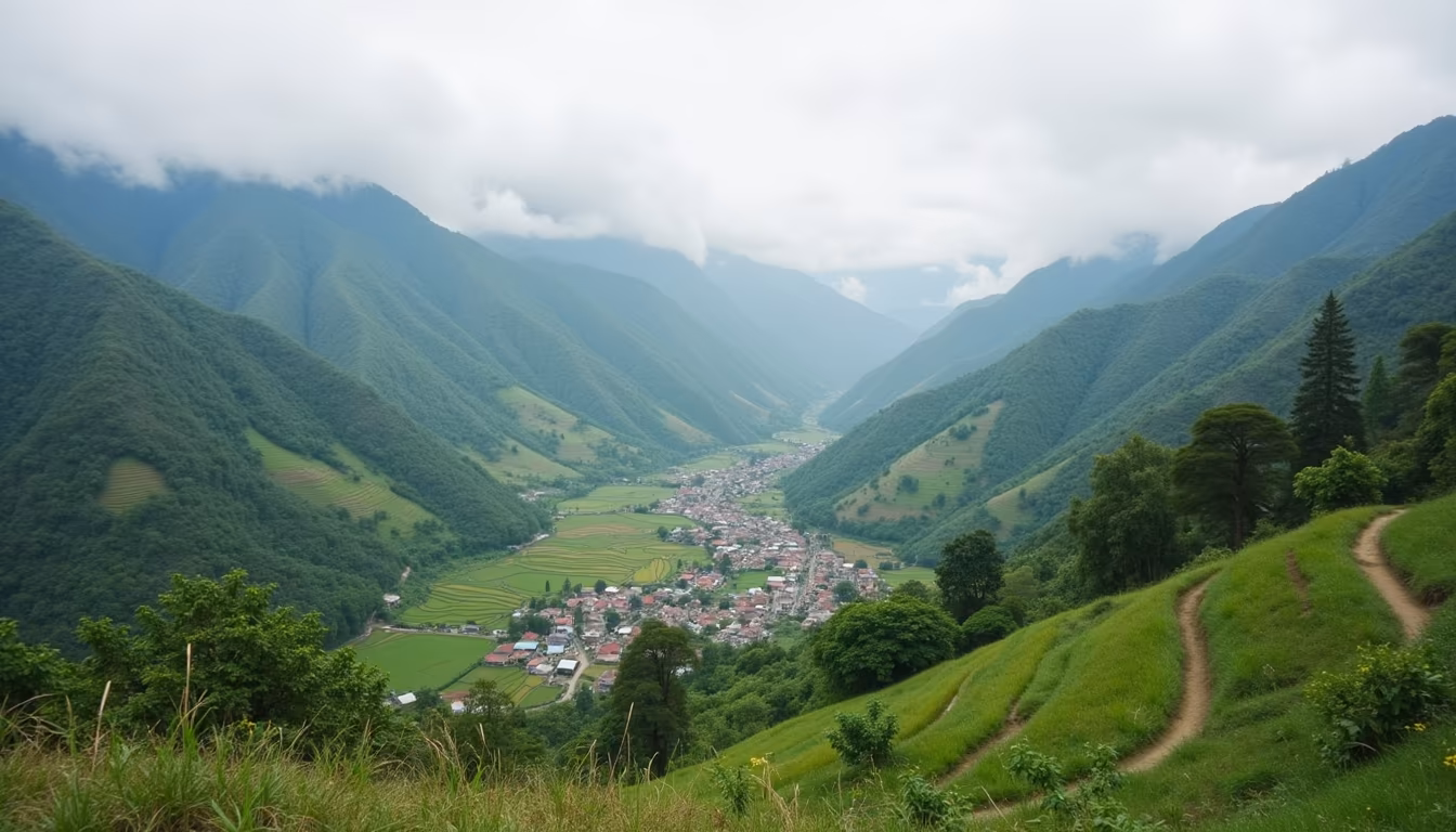 Green valley town ringed by mountain peaks showing the setting that shapes Pai weather (illustration)