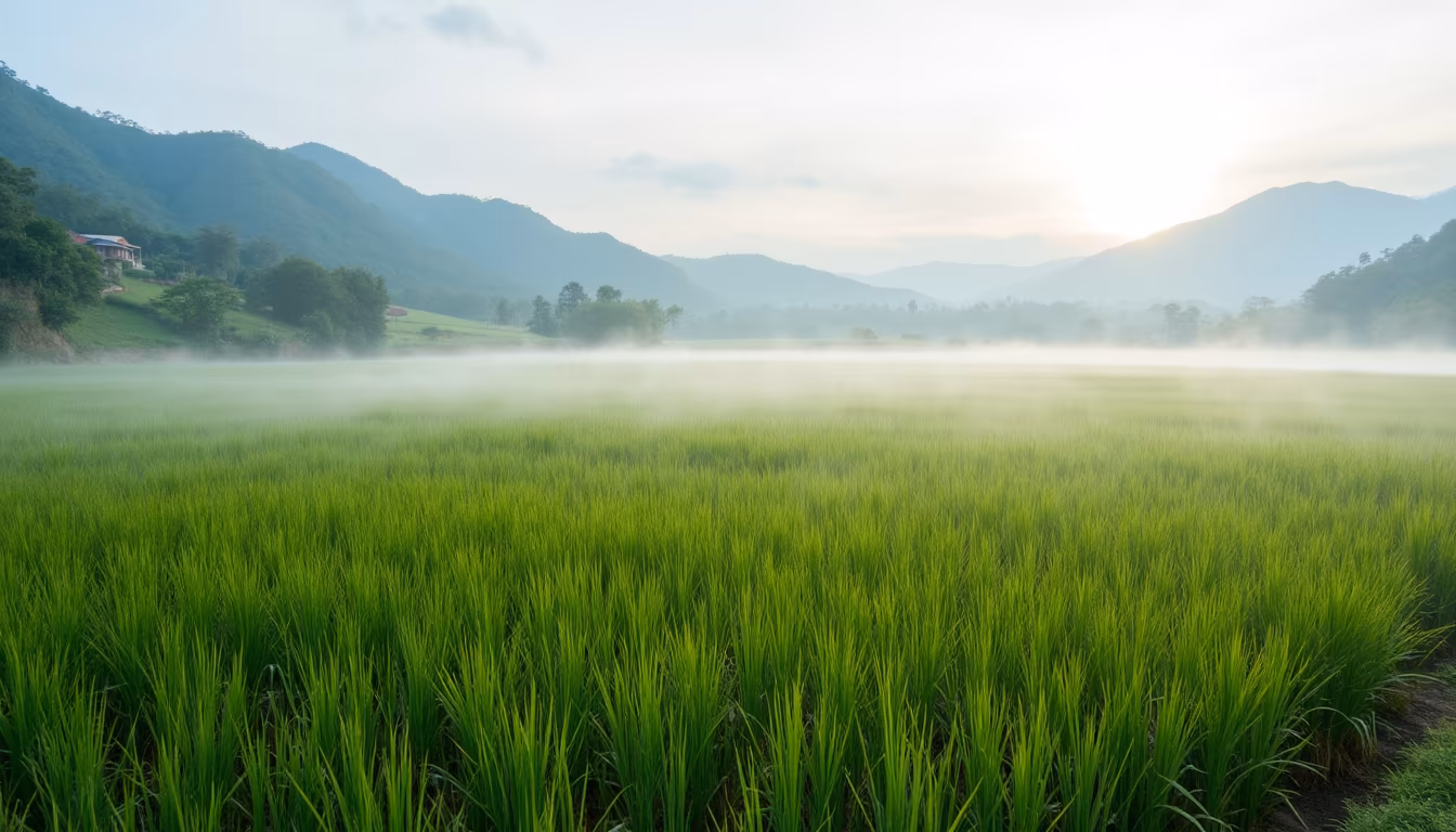 Low morning mist over a green valley floor showing cool-season Pai weather (illustration)