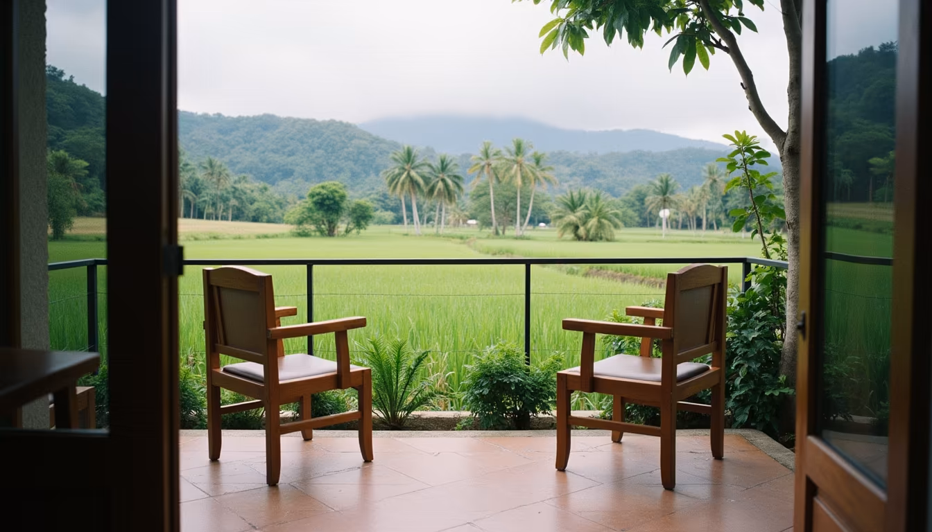Quiet guesthouse terrace overlooking rice fields, planning a stay around Pai weather by season (illustration)