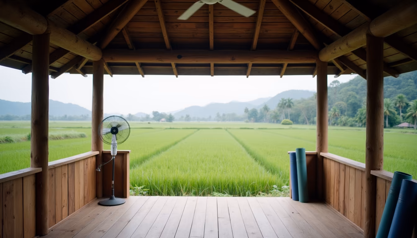 Open-sided wooden yoga sala overlooking rice fields, the simple setting for pai yoga (illustration)