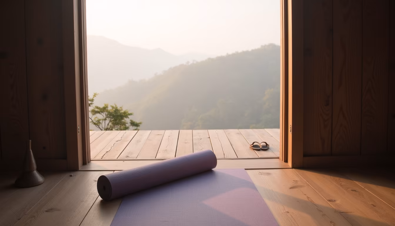 Yoga mat at a pavilion edge facing misty hills at dawn for a pai yoga session (illustration)
