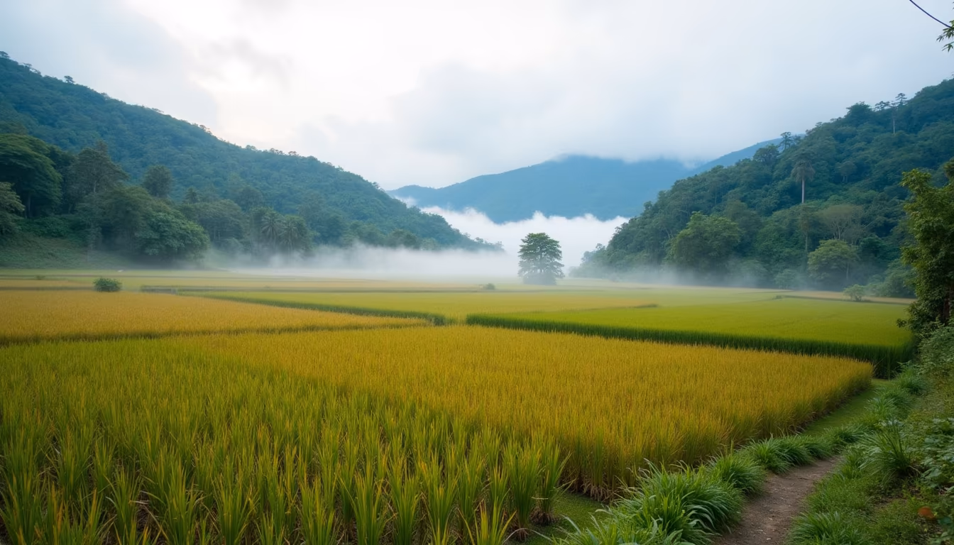 Misty cool-season valley morning, the best season for pai yoga and dawn practice (illustration)