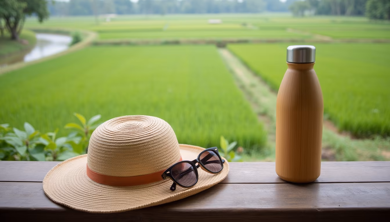 Helmet, water, sunscreen and cash packed for a tight one-day Pai itinerary (illustration)