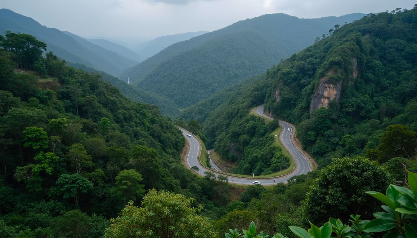 View from inside a van on the winding road to Pai through mountain forest (illustration)