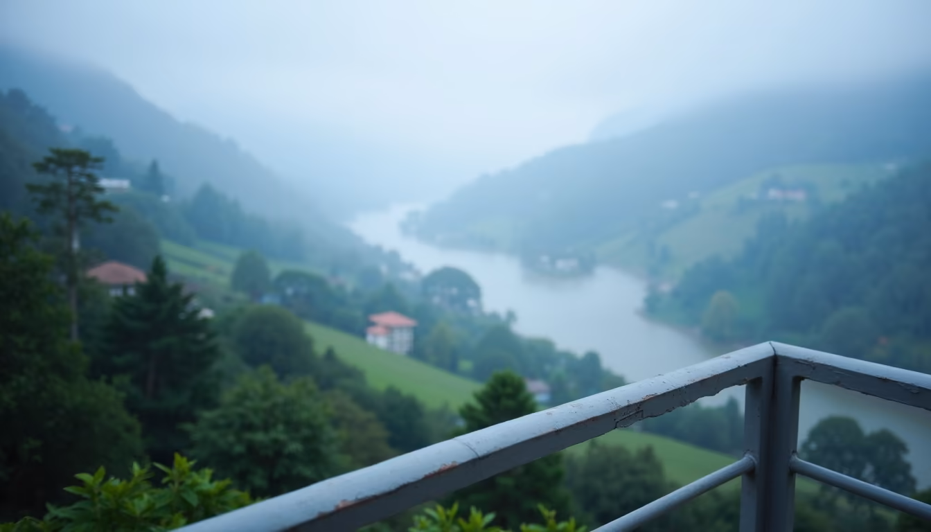 Cool-season valley fog from a balcony at a romantic hotel pai stay (illustration)