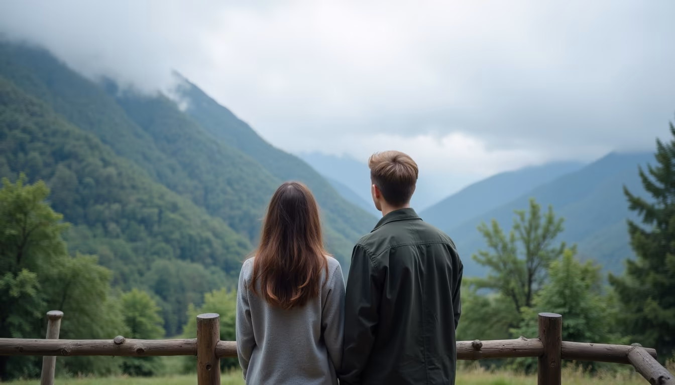 Couple watching morning mist over the valley on a romantic pai morning (illustration)