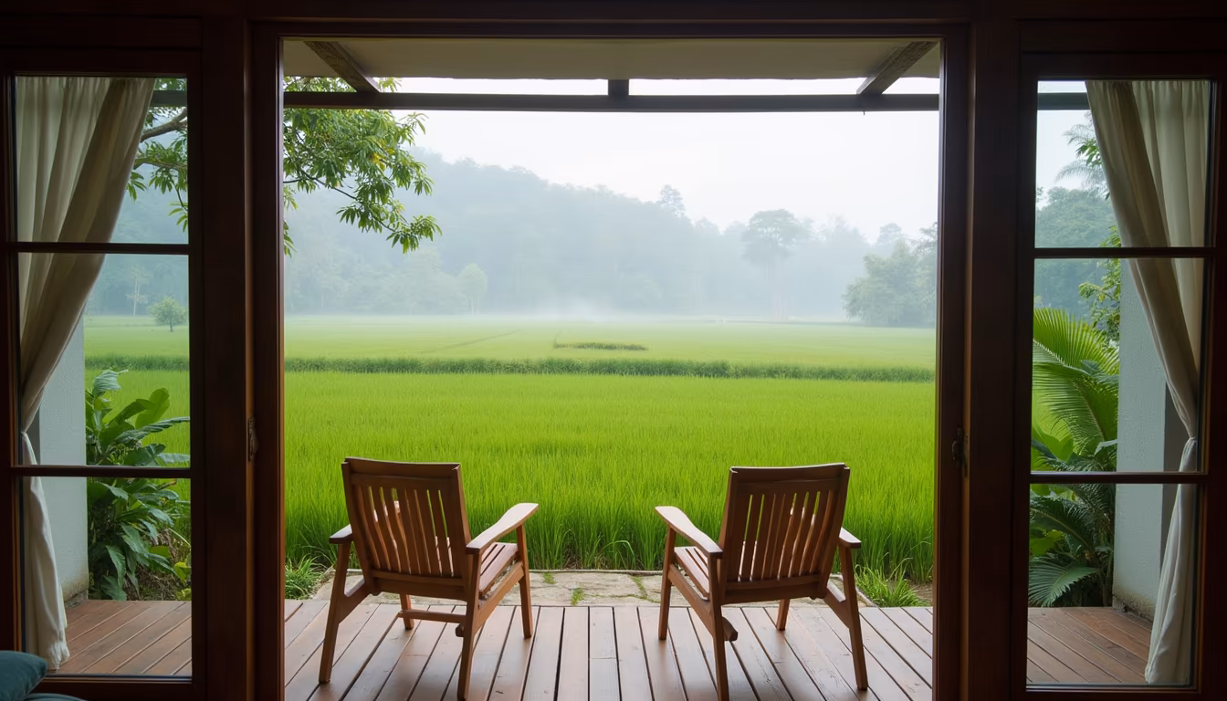 Rice-field bungalow deck facing misty paddies for a romantic pai stay (illustration)