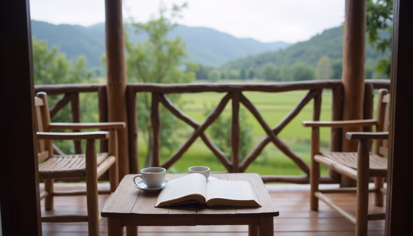 Quiet countryside balcony overlooking green hills illustrating romantic Pai for couples (illustration)