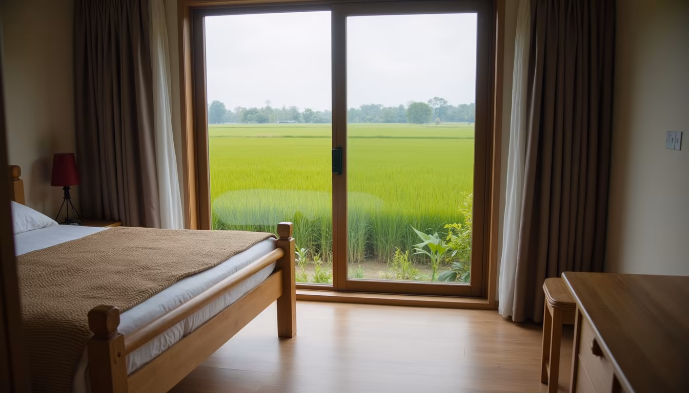 Design-led bungalow room with rice-field view illustrating where to stay in romantic Pai for couples (illustration)