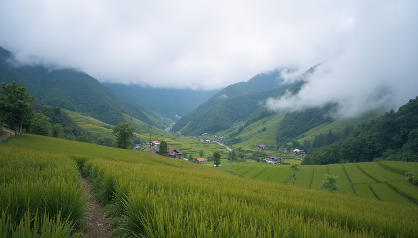 Cool-season morning mist over a mountain valley illustrating when to visit romantic Pai (illustration)