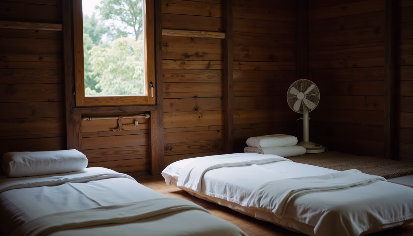 Simple wooden massage room with floor mattresses, a relaxed spa in Pai setting (illustration)