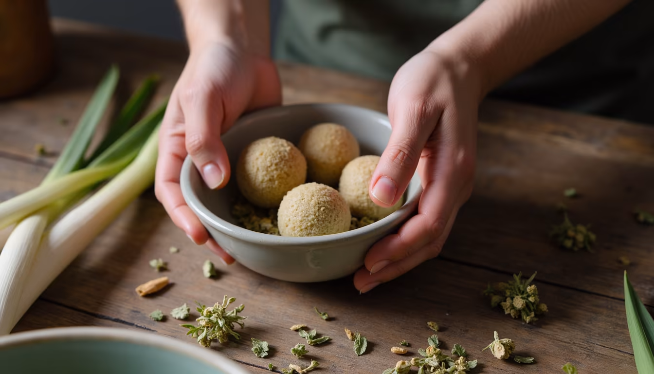 Herbal compress balls and lemongrass on wood, affordable spa in Pai treatments (illustration)