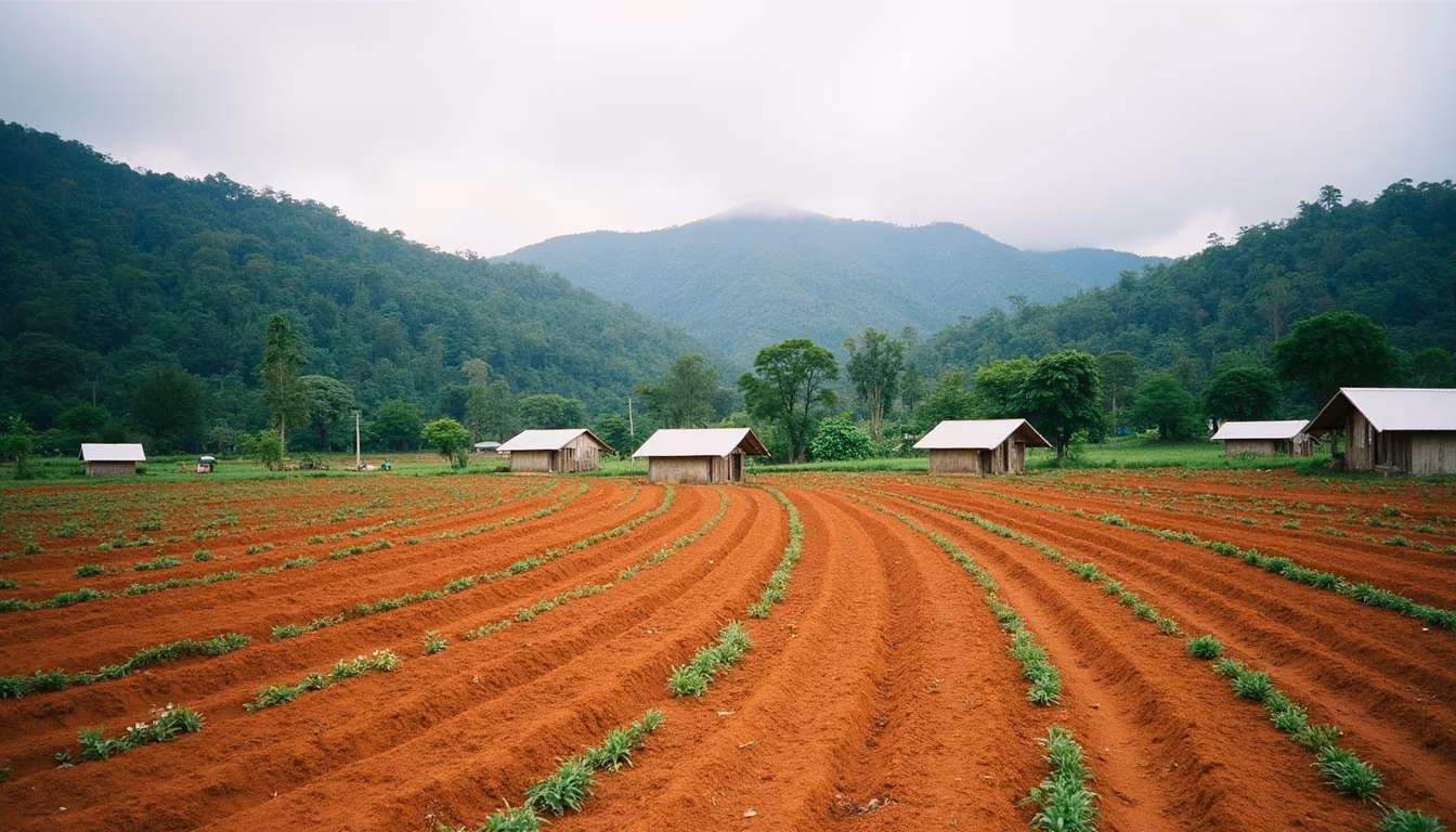 Hillside strawberry farm in the Pai valley, where strawberry pai fruit ripens in the cool season (illustration)