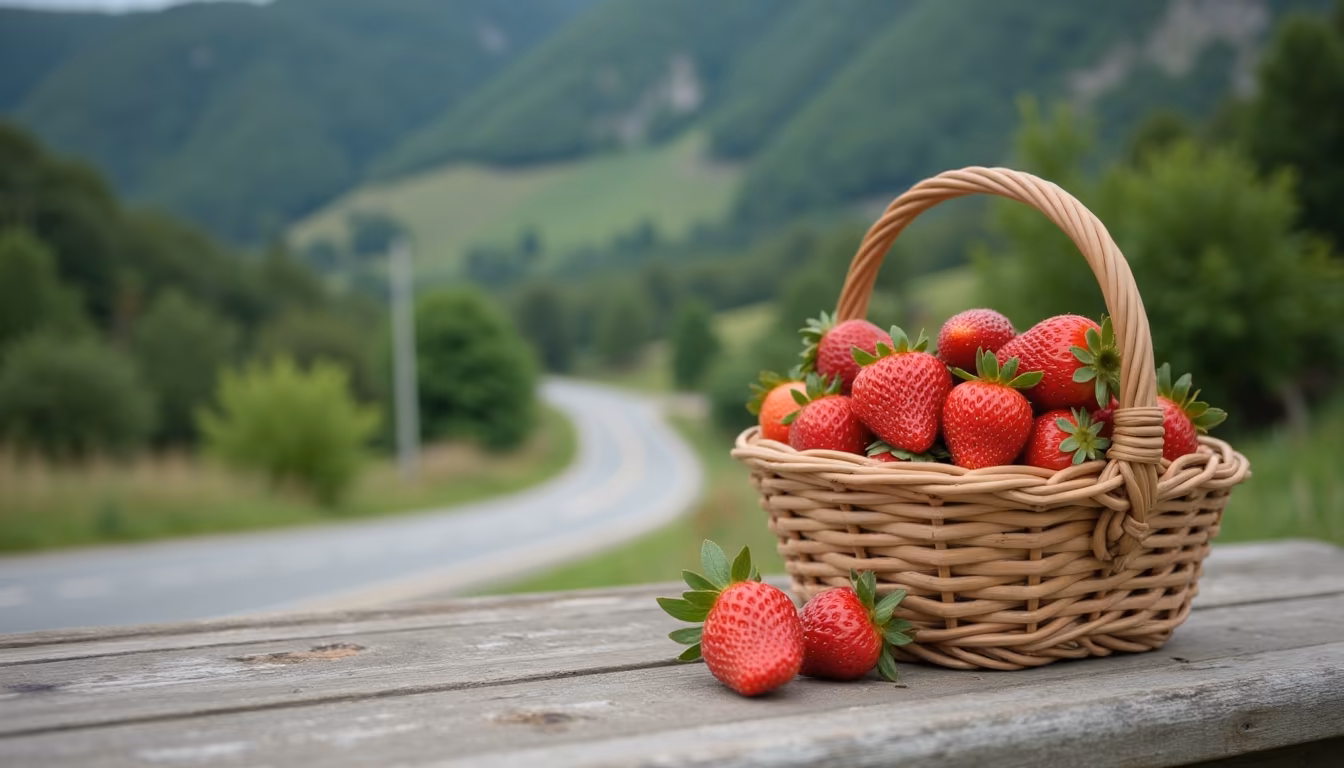 Basket of fresh strawberries by a rural road, timing a strawberry pai morning right (illustration)