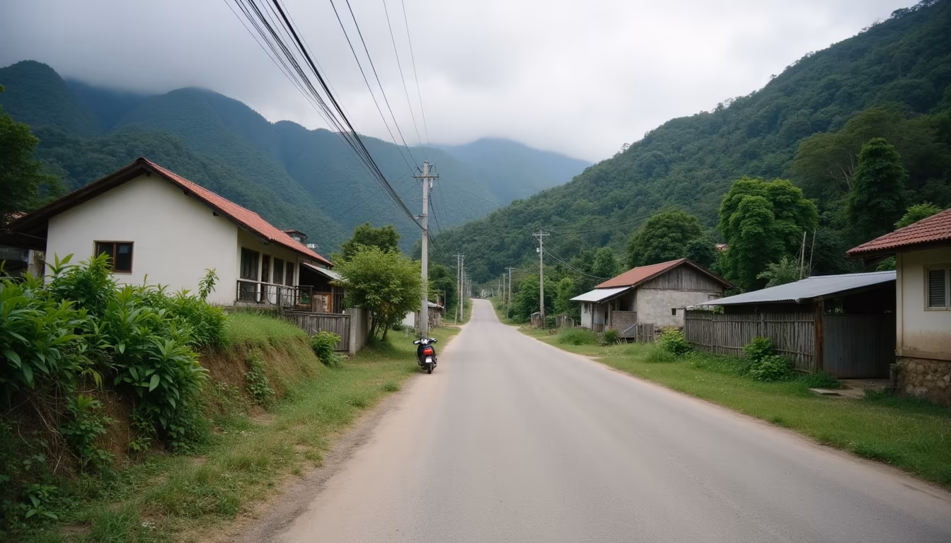 Quiet rural valley lane near a pai memorial bridge base, easy scooter access (illustration)