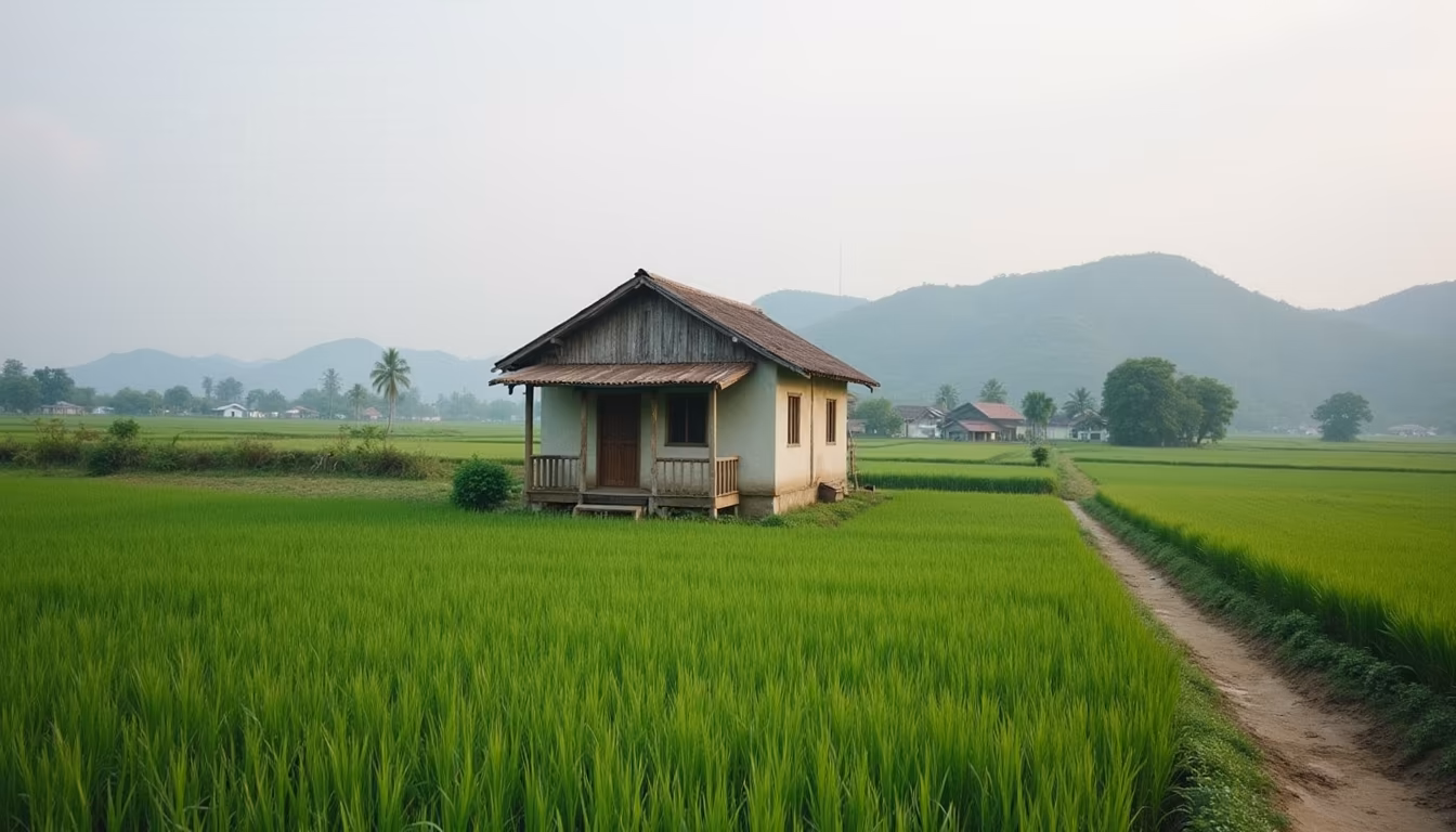 A small bungalow beside a green rice field, typical of unique stays pai (illustration)