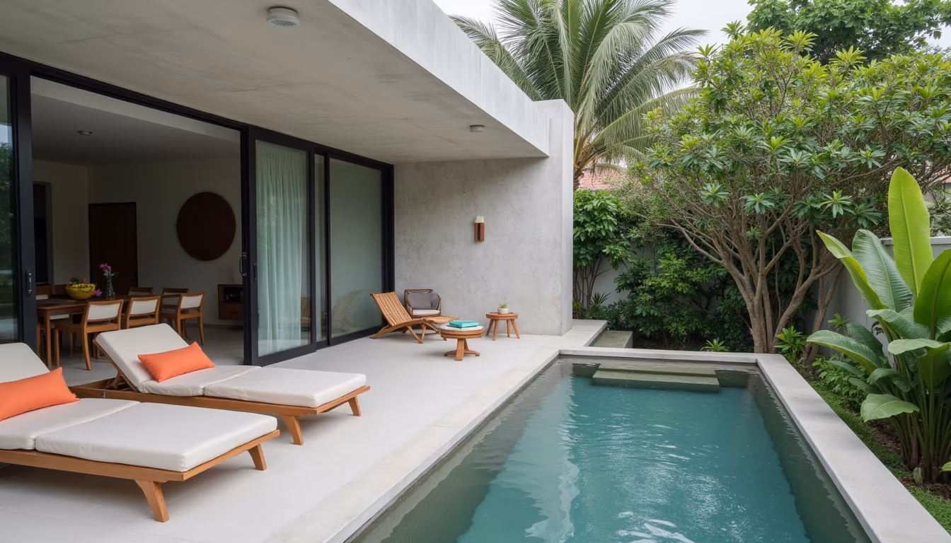 A modern design villa terrace and small pool, among unique stays pai (illustration)