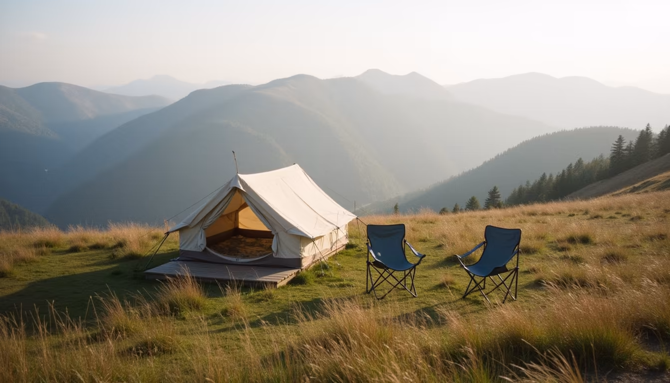 A hillside canvas tent above a misty valley, one of the unique stays pai (illustration)