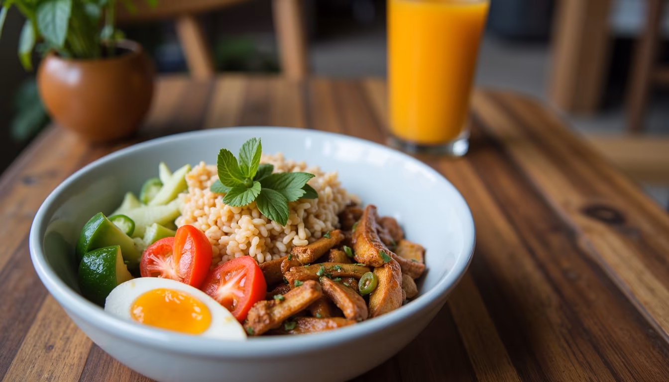 Plant-based bowl with tofu and vegetables showing vegan Pai cafe food (illustration)